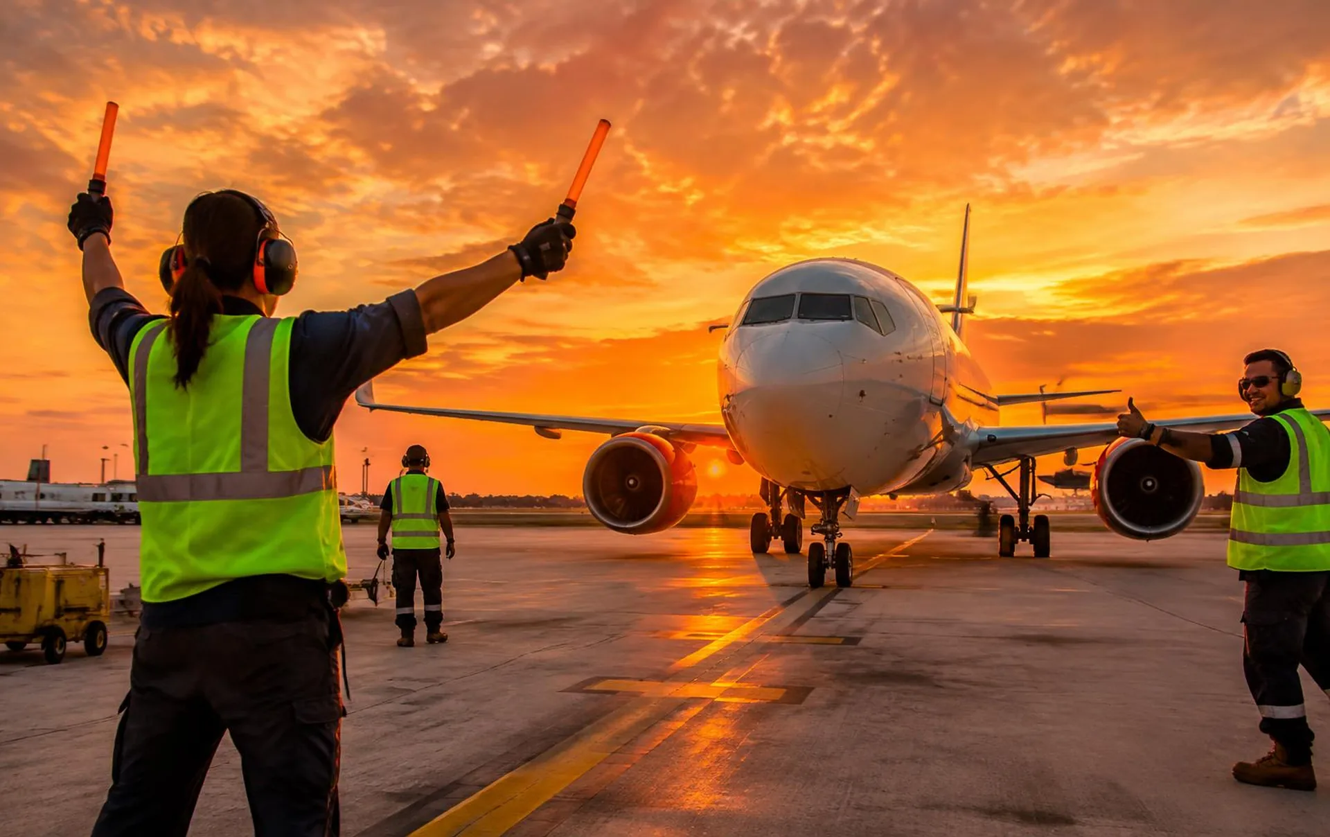 Airport ground crew guiding a jet at sunset