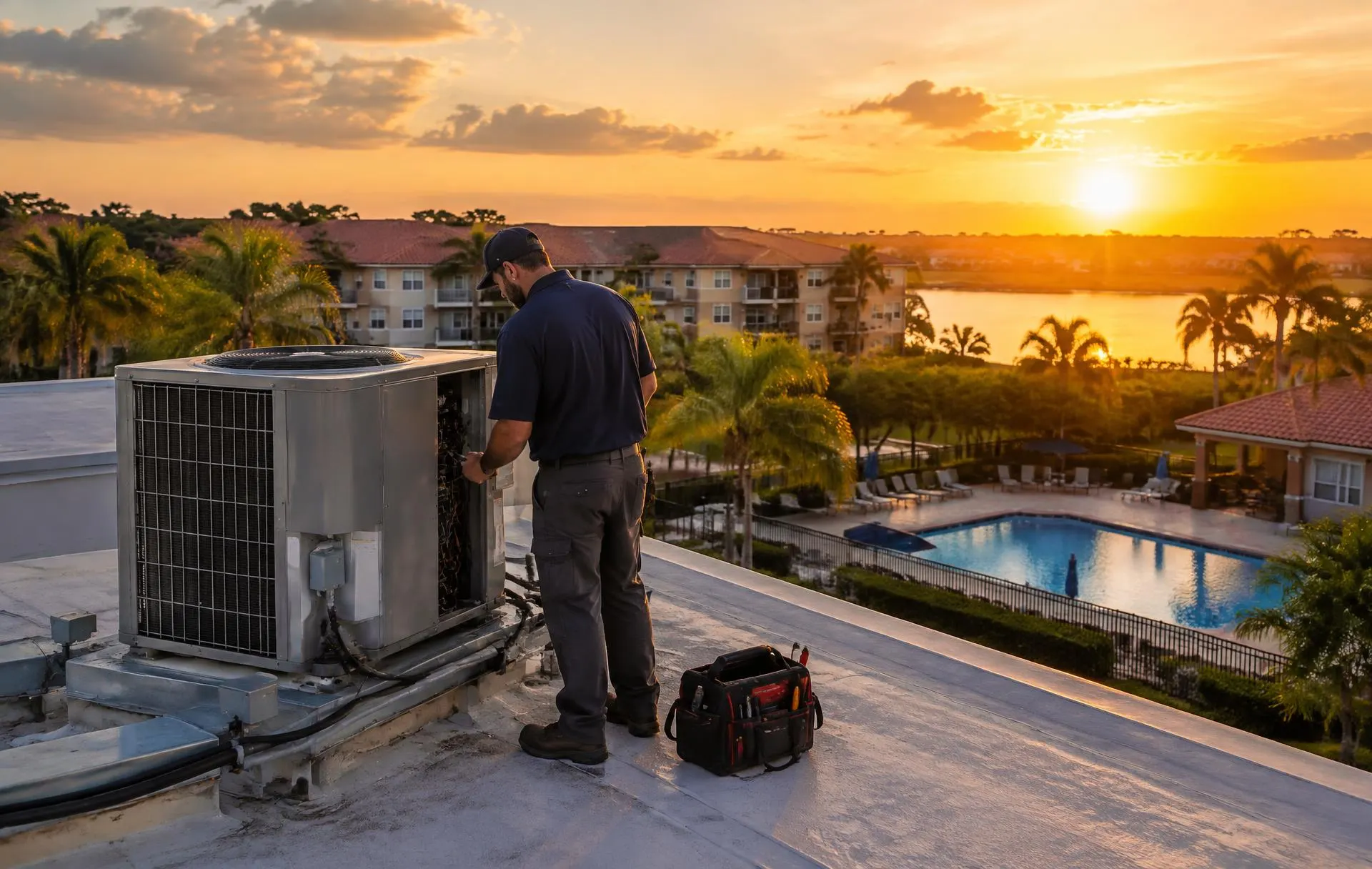 Maintenance technician servicing a rooftop air conditioner