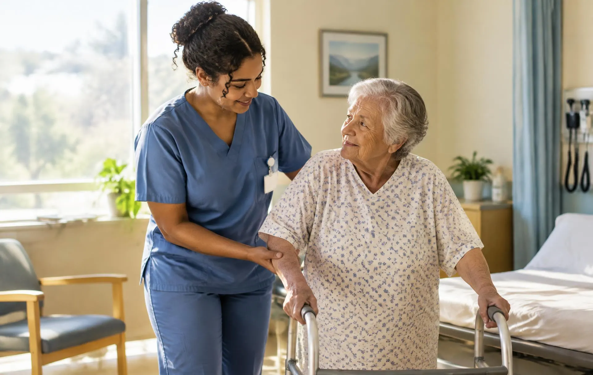 Nursing assistant helping an older patient walk