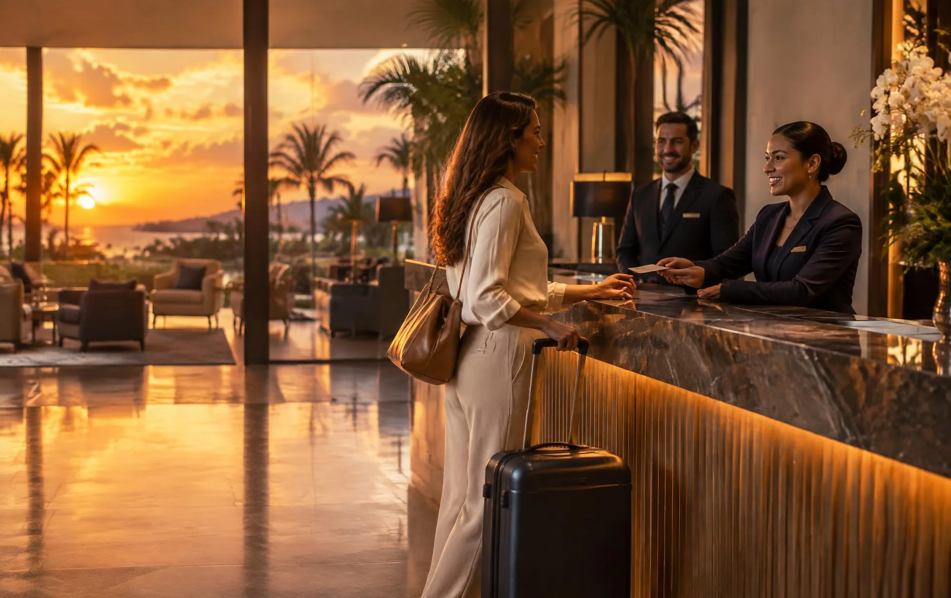 Hotel reception staff welcoming a guest in warm evening light