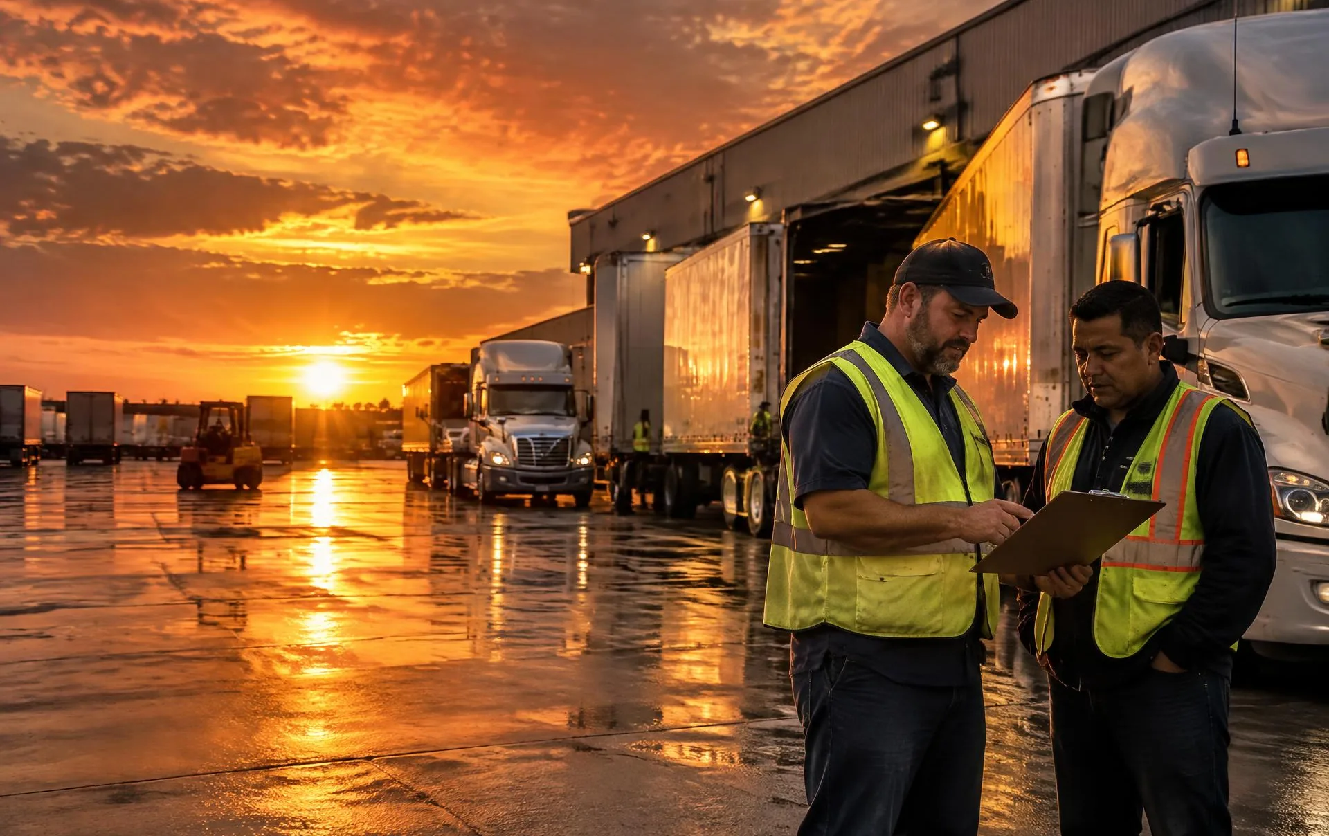 Truck drivers at a distribution center loading dock at sunset
